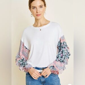Hayden White Top with Multicolor Patterned Sleeves NEW Size Small